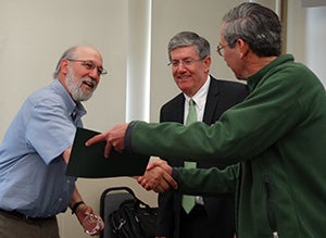 David Blackwell with President Michael Gottfredson and Associate Dean Natural Science Dana Johnston