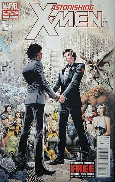 Astonishing X-Men #51 cover featuring a same-sex wedding from 2004