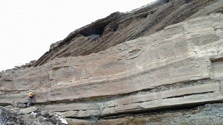Cliff exposure at Marl Wash near Blythe, California, shows deposits left by strong tidal currents reached the area 6 million years ago 