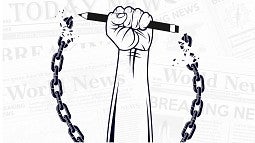 Hand holding pencil breaking chains in front of newpapers