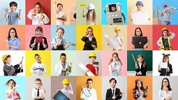 photo grid of children dressed in career and job clothing