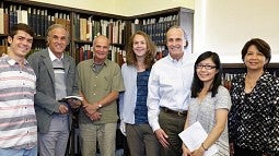 (From left) UO student Jeffrey Newmark, Nick Giustina, arts and administration instructor David Turner, student Indigo Vance Eyebright, Dan Giustina, student Esther Weng and Dean of Libraries Adriene Lim