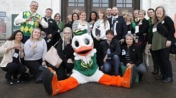 University supporters with the Duck outside the state Capitol