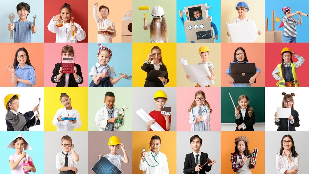 photo grid of children dressed in career and job clothing