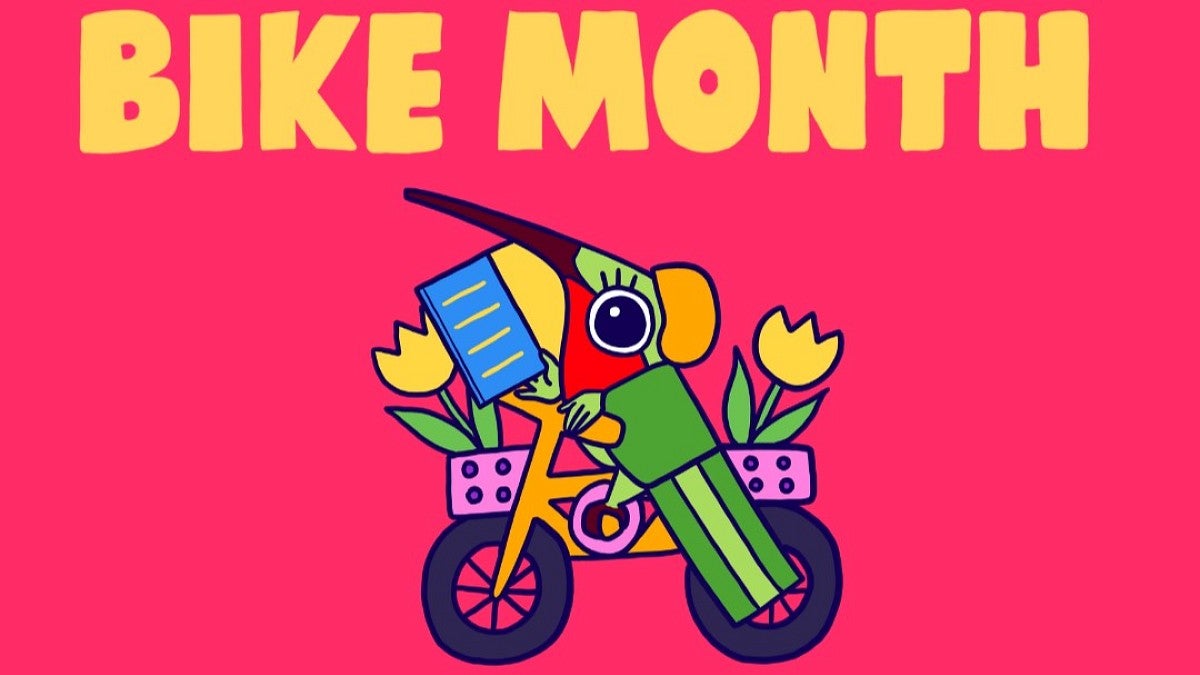 May is Bike Month bird on bicycle
