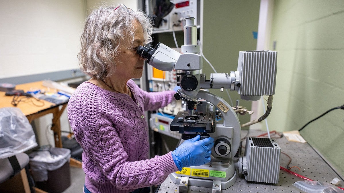 Judith Eisen using a microscope