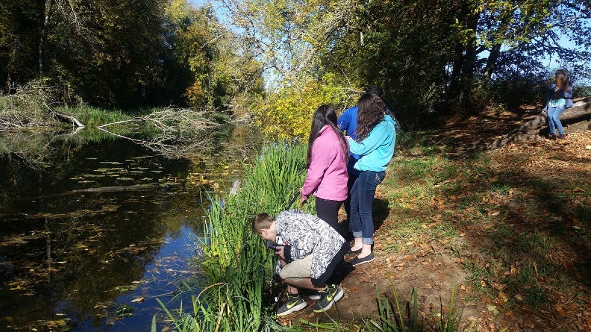 Springfield students taking part in an outdoor research class. UO faculty helped teachers draw up lesson plans.
