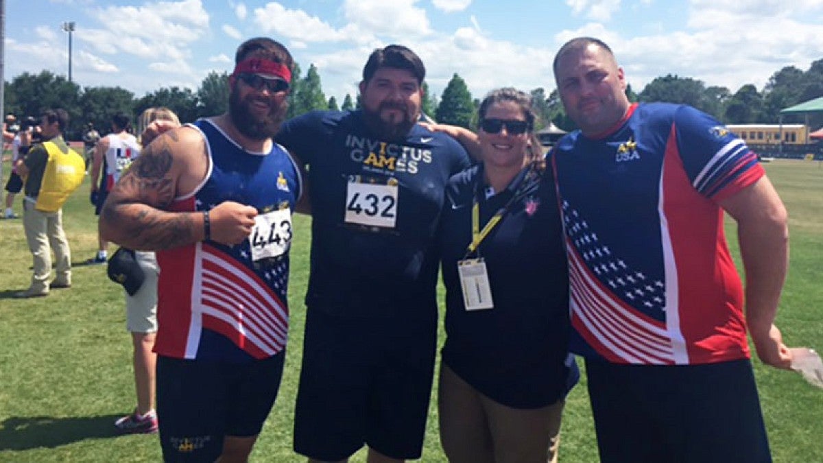 From left: Joshua Jablon (silver medalist), Jamie Garza (gold medalist), Brittany Hinchcliffe, and Sean Hook (bronze medalist) at the 2016 Invictus Games.