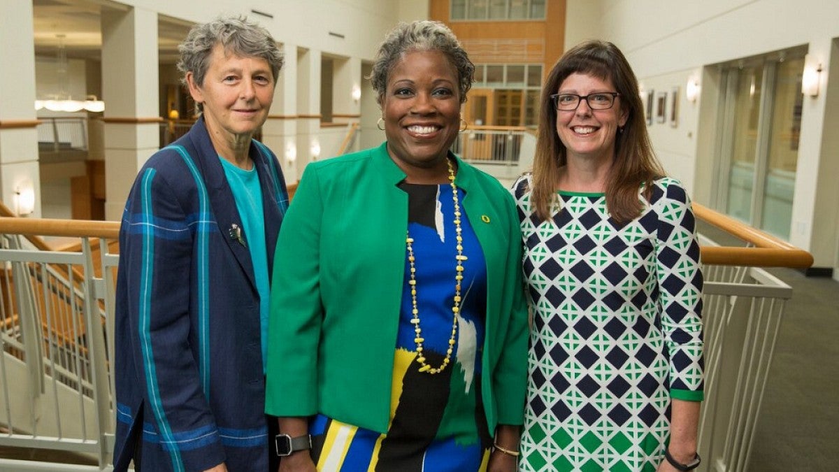 Beatrice Dohrn, director of the Nonprofit Clinic; Marcilynn Burke, dean of law; and Heather Brinton, director, Environmental and Natural Resources Law Center.