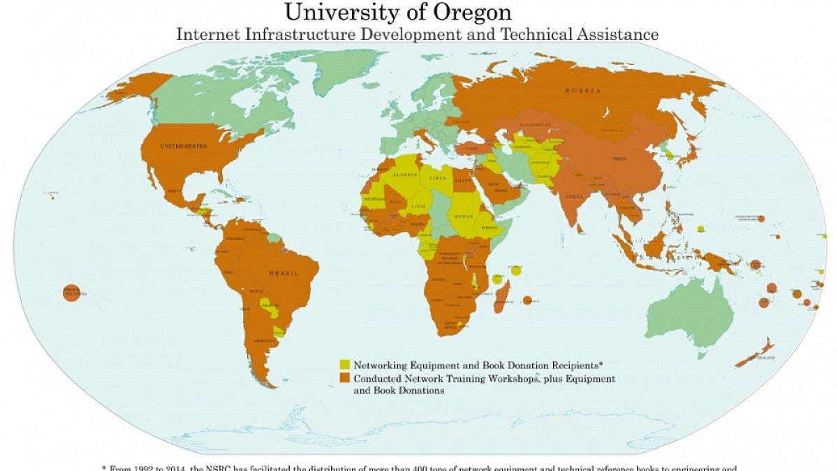 Map shows the global reach of the UO-based NSRC