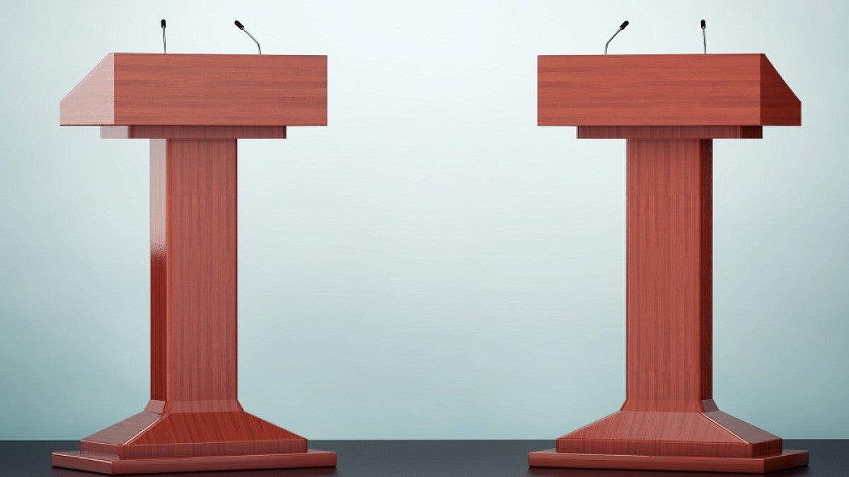 Two empty podiums