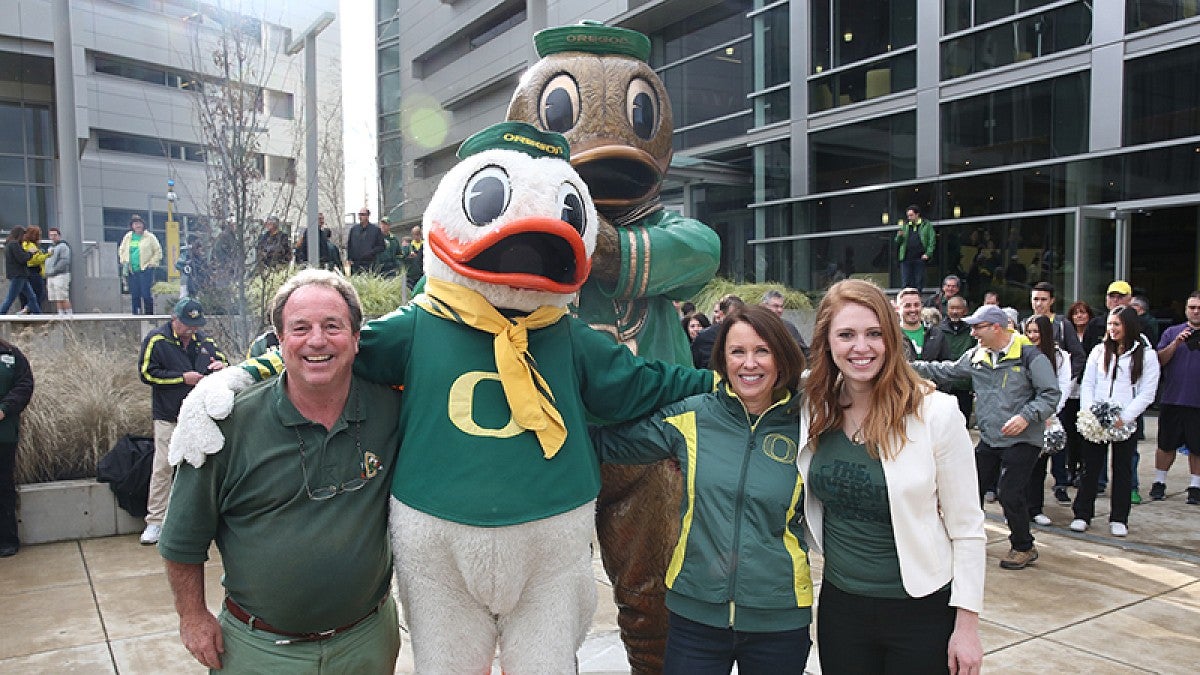 Welcoming the Big Duck to campus were (from left) Tom Clarey, Molly Clarey, and Alison Brown