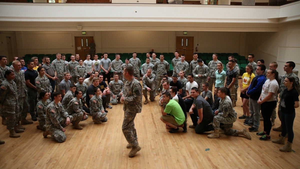 Cadets from the UO's Army ROTC program gather for a briefing in Agate Hall.