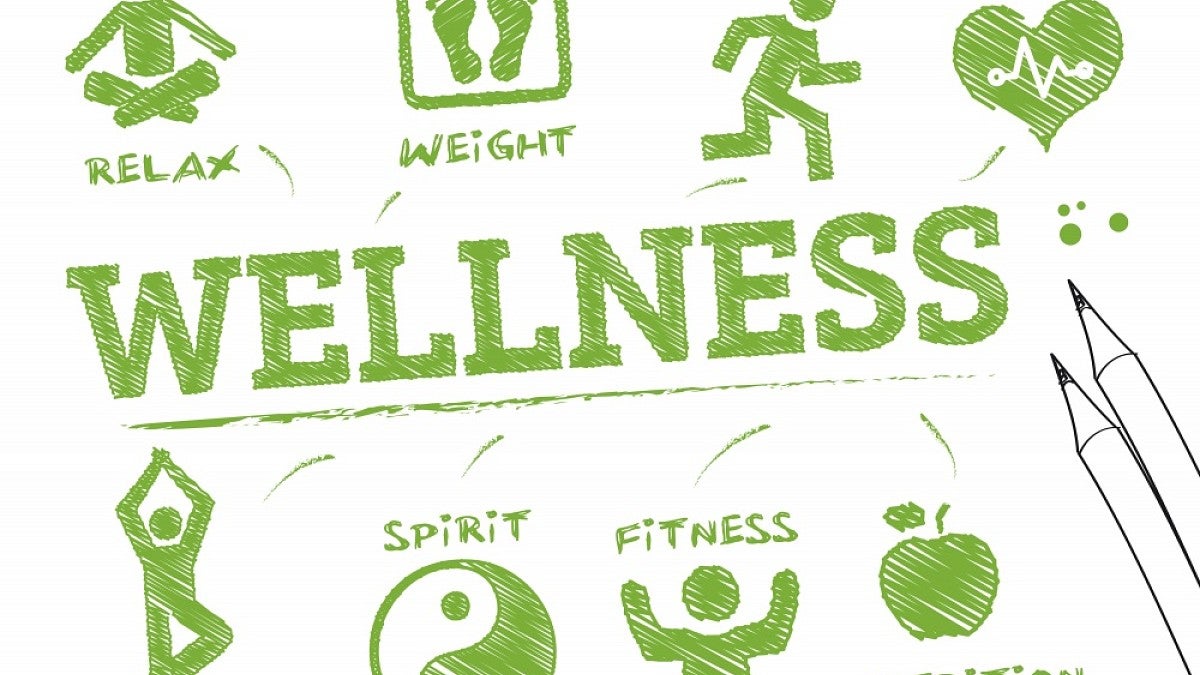 The word 'Wellness' surrounded by logos showing physical activities.