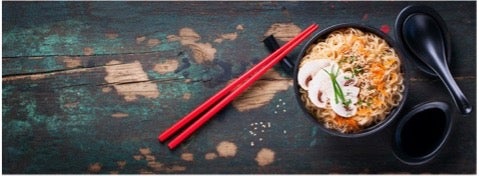 Bowl of asian food with chopsticks and an asian soup spoon