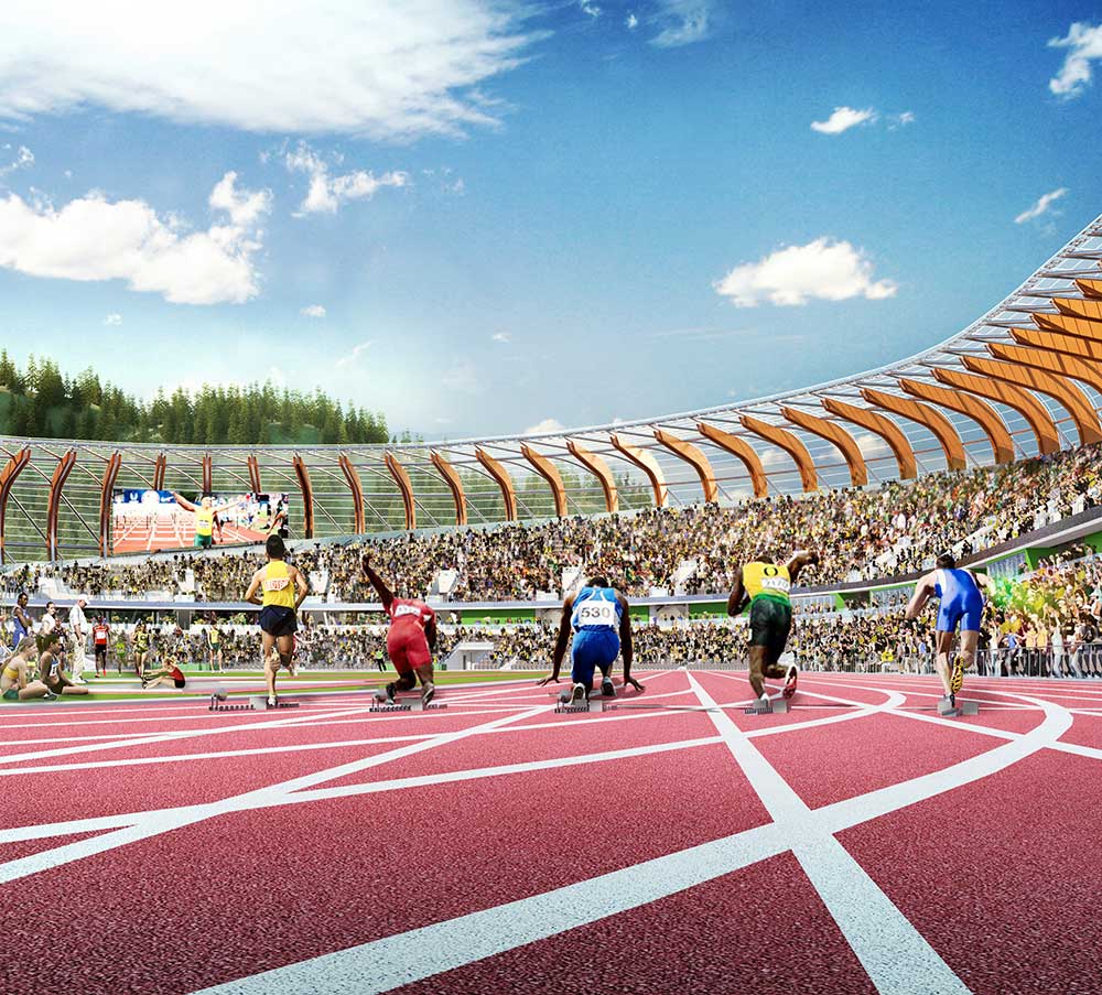 Rendering of sprinters on the track at Hayward Field