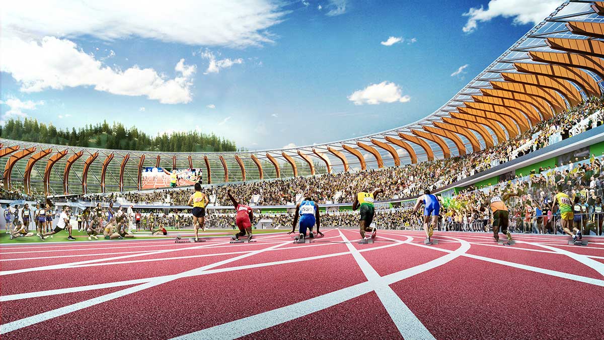 Rendering of Hayward Field with athletes starting the 100 meter race