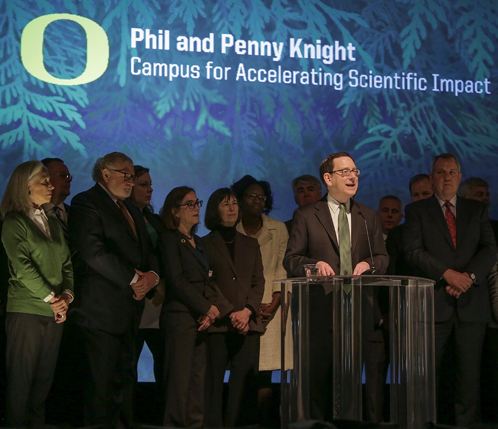 President Michael H. Schill at the announcement of the Phil and Penny Knight Campus for Accelerating Scientific Impact