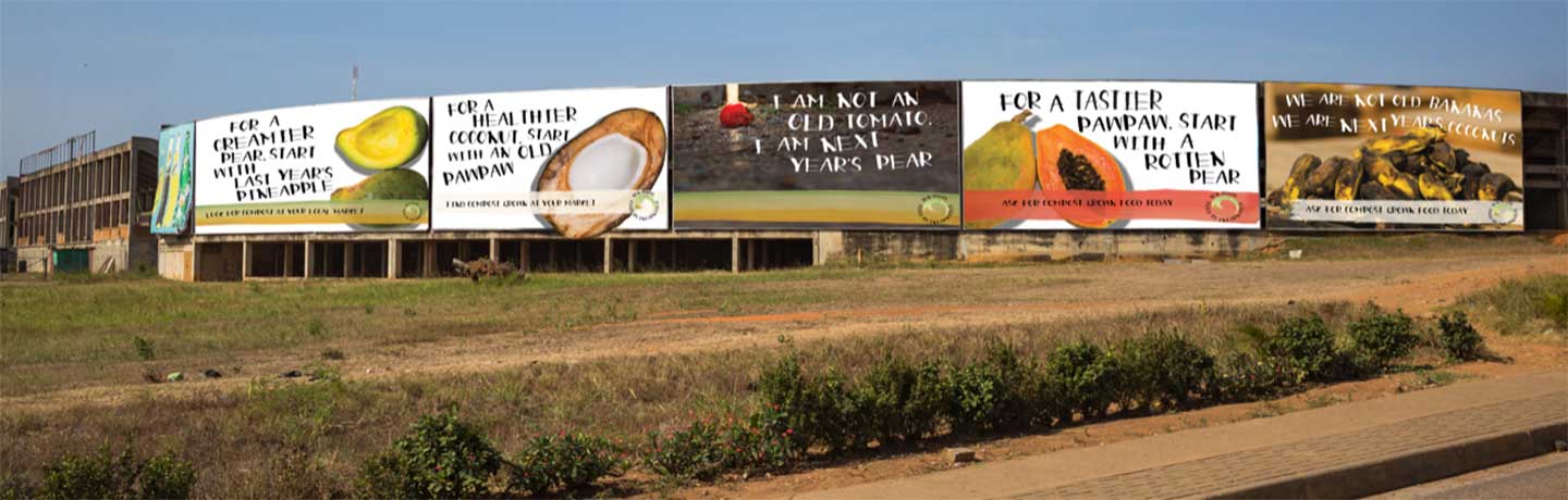 Students took photos of existing billboards along Accra’s roadways and photoshopped in their designs-in-progress to see how their campaign materials will look in place.