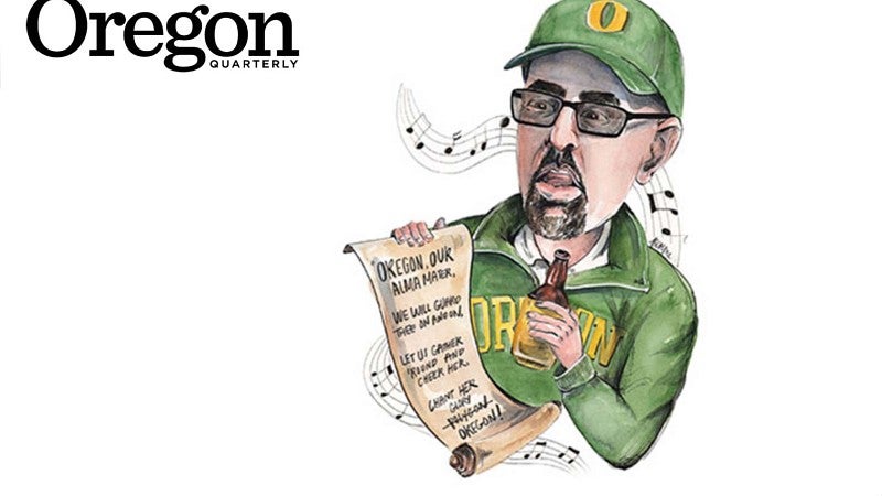 Caricature of UOAA's Raphe Beck holding a beer and papyrus lyrics to Mighty Oregon