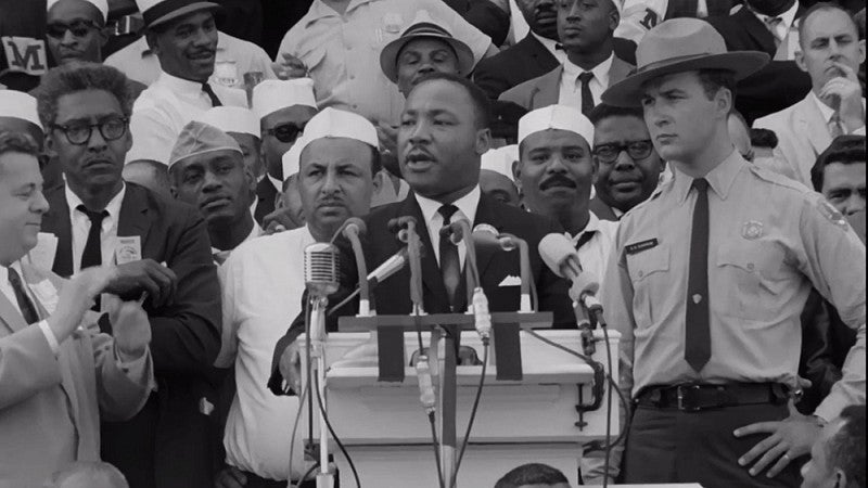 Rev. Dr. Martin Luther King, Jr. delivering his "I Have a Dream" speech. Still from "The March" by James Blue