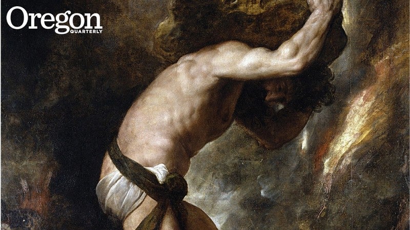 The infamous Sisyphus, pushing the boulder up a mountain