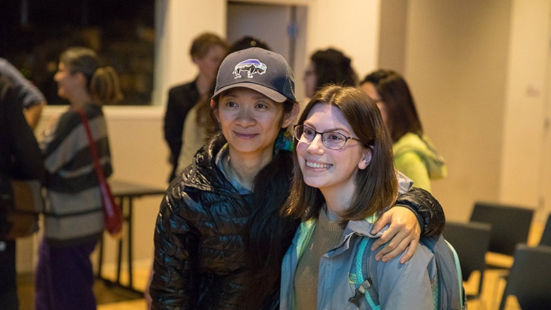 Chloé Zhao poses with a cinema studies student