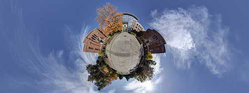 Fish eye lens view of campus near the Lillis Business Complex