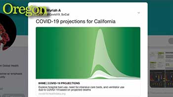 Twitter screenshot with a bell curve graphic that says COVID-19 projections for California