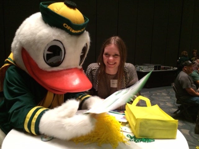 Ryleigh Mitrione of Hebron High School made a new friend at a reception for Dallas area students.