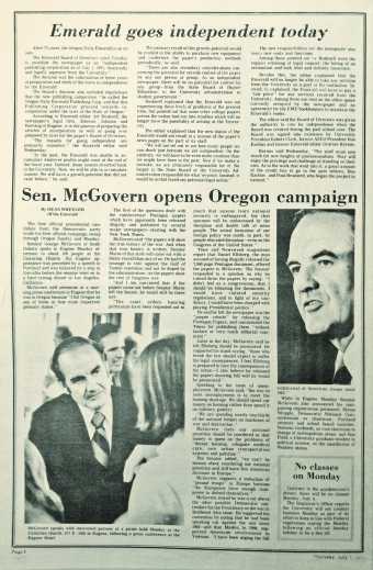 July 1, 1971, the day the Emerald became an &quot;independent publishing corporation...financially and legally separate from the University.&quot; Photograph courtesy UO Libraries - Special Collections and University Archives