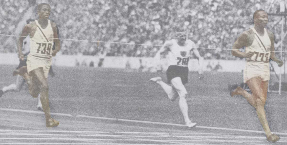 Finish of the 200 meter race in the 1936 Berlin Olympics won by Jesse Owens and runner-up Mack Robinson