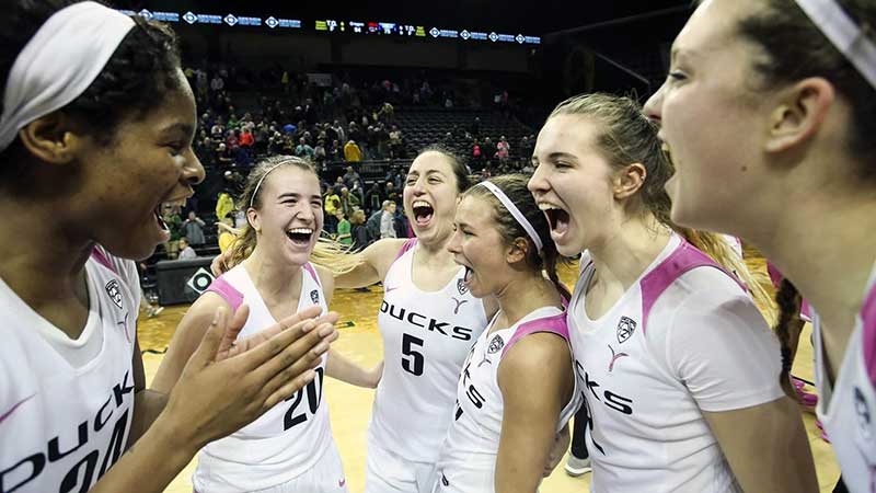 Sabrina and the Ducks celebrate their win over UCLA