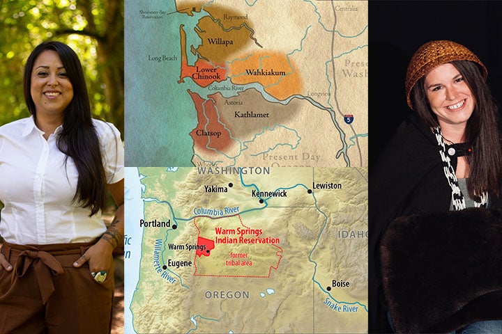 Rachel Cushman and Carina Miller with maps of traditional homelands of Native American Tribes