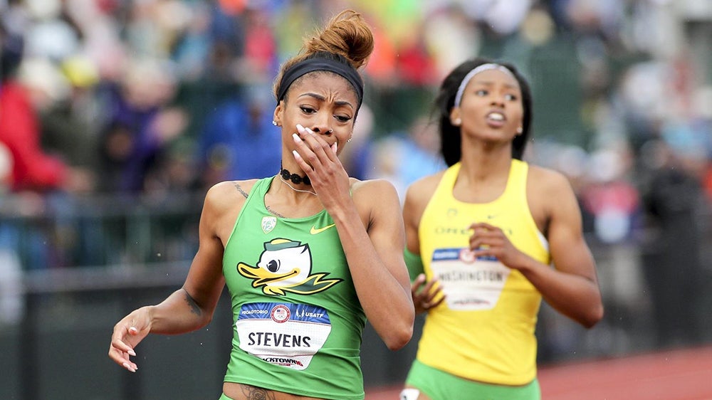 Deajah Stevens is emotional after finishing second in the 200 meter final and earning a spot on the US Olympic Team / NATE BARRETT