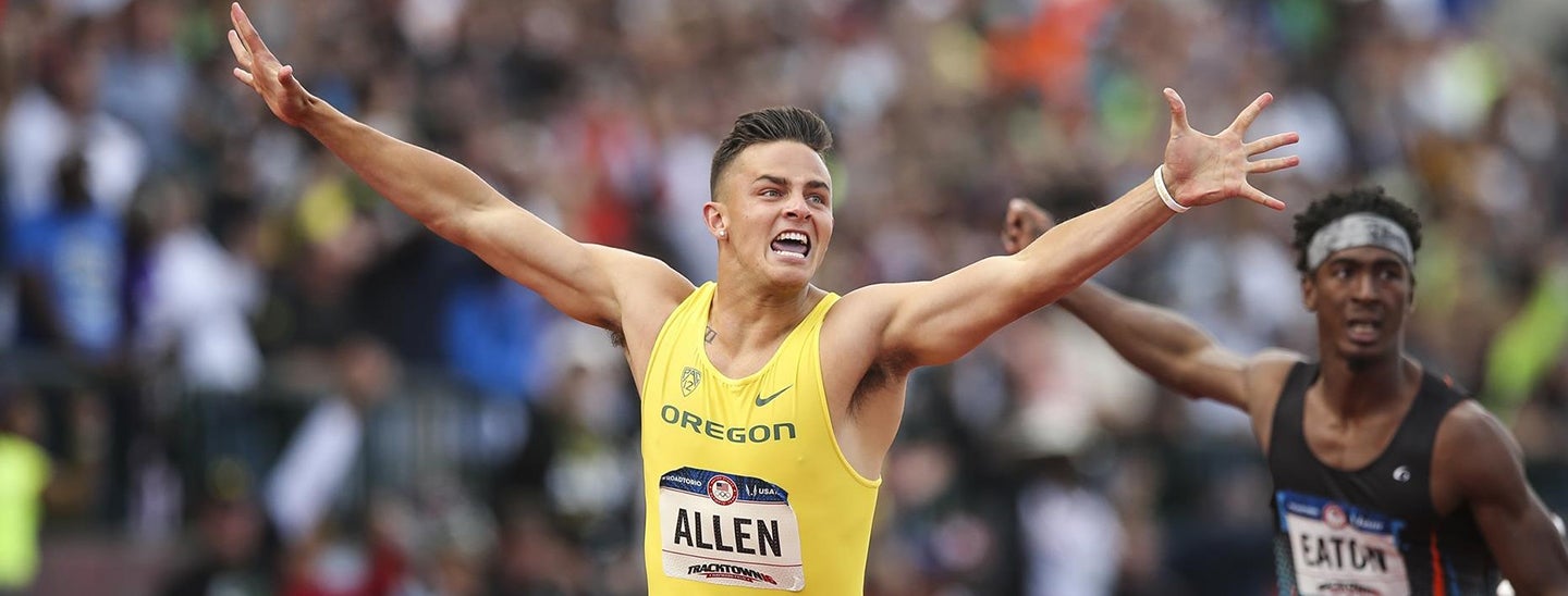 Devon Allen wins the 100-meter hurdles at the US Olympic Team Trials / Photo by Eric Evans/GoDucks.com