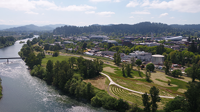 Aerial shot of the land lab by the Willamette River 