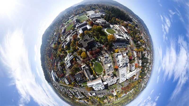 Aerial fisheye view of campus