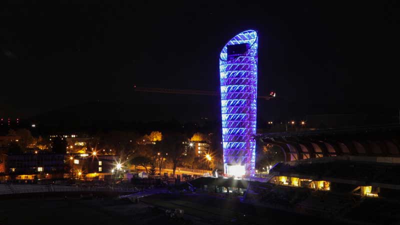 The Hayward Field tower at night