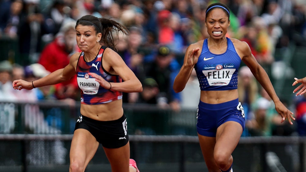 Jenna Prandini edges out Allyson Felix at the finish line to make the US Olympic Team in the 200 meters / ASSOCIATED PRESS