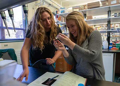 Emily Niebergall working in the lab with her mentor Emily Beck
