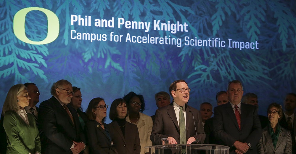 President Michael H. Schill at the announcement of the Phil and Penny Knight Campus for Accelerating Scientific Impact