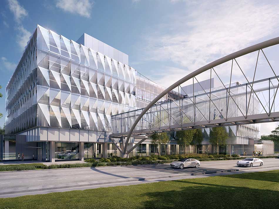 A rendering of the Knight Campus building with the bridge over 13th Ave.