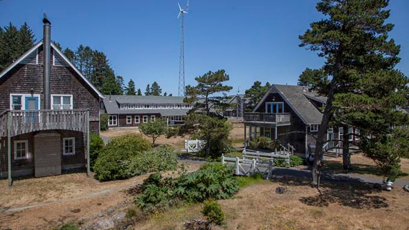 Four shingled buildings and a windmill on the grounds of OIMB campus in Charleston, Oregon.