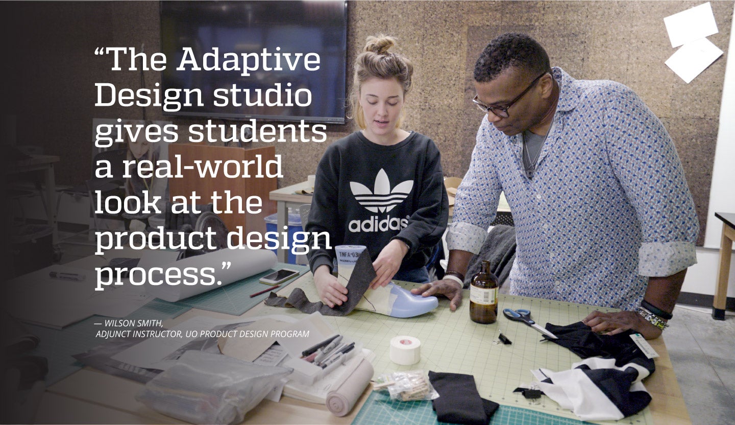 Sara Novak, UO product design student, consults with Wilson Smith, adjunct instructor for Adaptive Design.