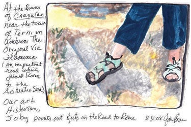 Jan Brown sketched the feet of fellow student Joby Patterson, an art historian and research associate in the UO's art history department, on the original Via Flaminia, the ancient road linking Rome to the Adriatic Sea. 