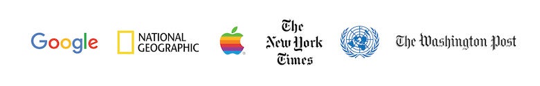 Logos for Google, National Geographic, Apple, the New York Times, The UN, and the Washington Post