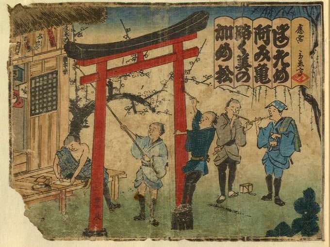 Japanese woodblock print showing men posting votive slips on shrine