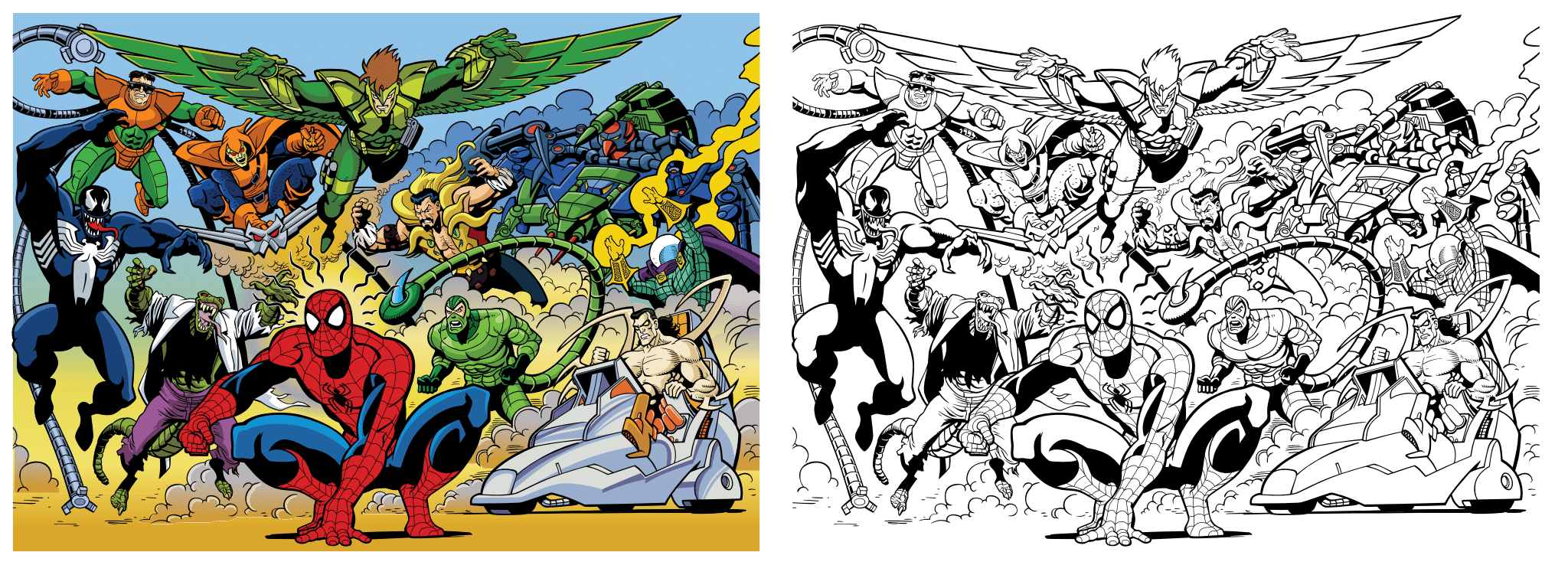 Color, B&amp;W illustrations of Spider-Man and famous super-villains. Credit Marvel.