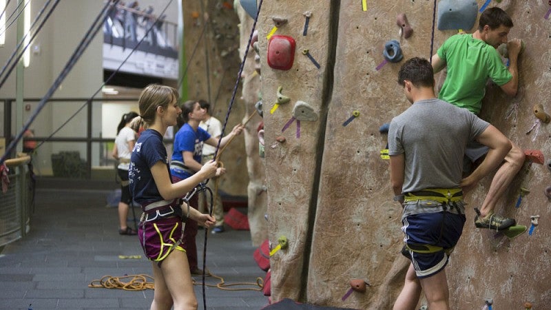 The climbing wall at the Student Recreation Center